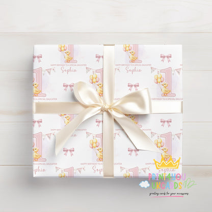 Printed 1st birthday wrapping paper shown as wrapping paper