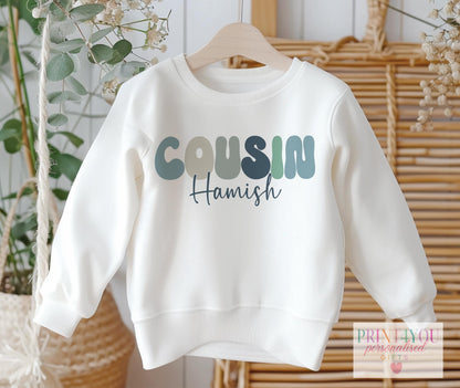 Soft white personalised cousin jumper or t-shirt for kids with custom name printed
