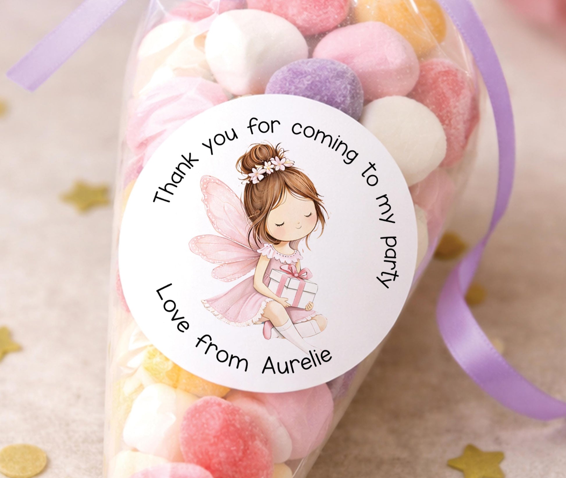 Personalised pink fairy party stickers with birthday wording, glossy printed sheet