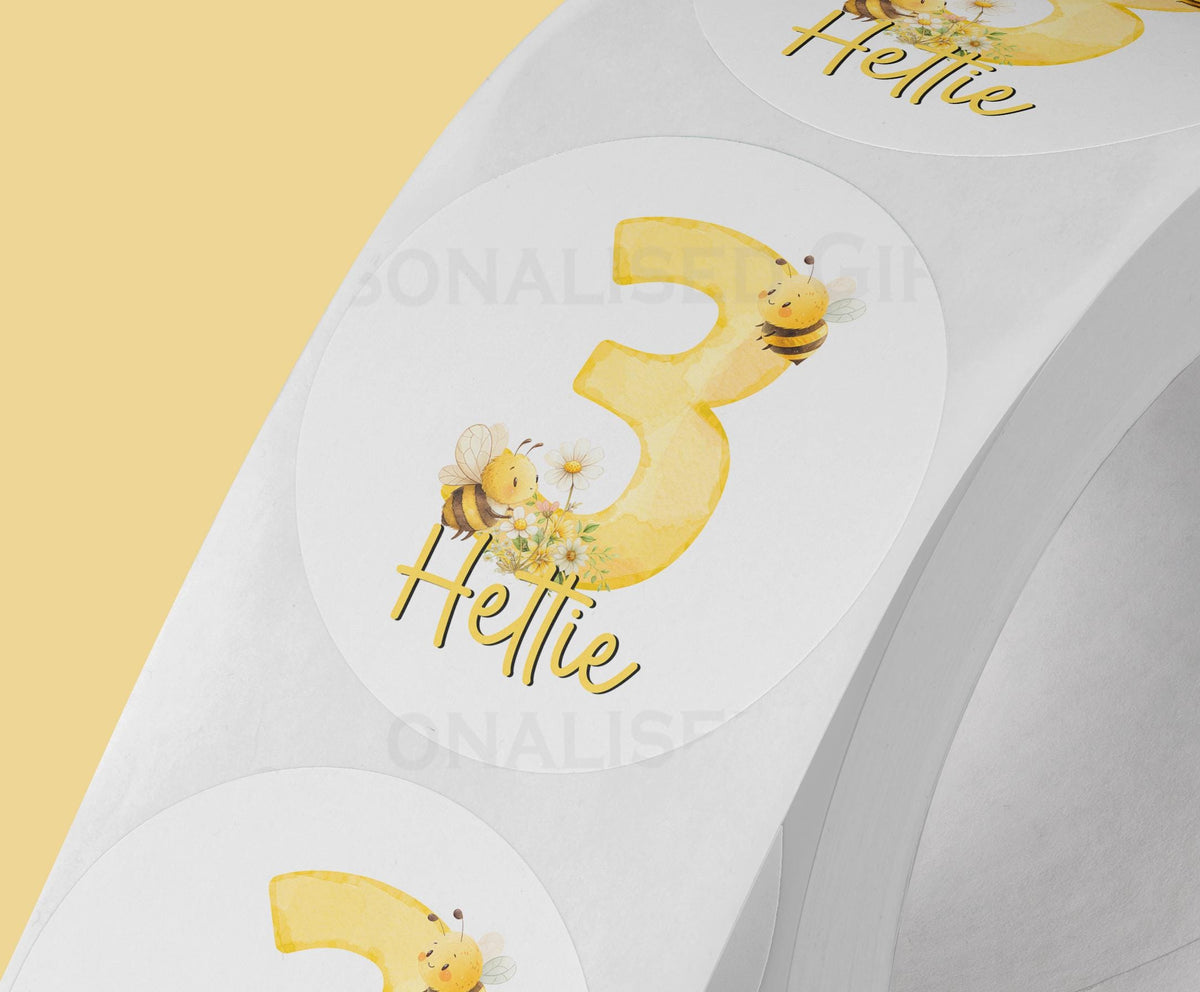 Personalised bumblebee birthday stickers with custom name and age, 5cm gloss strips