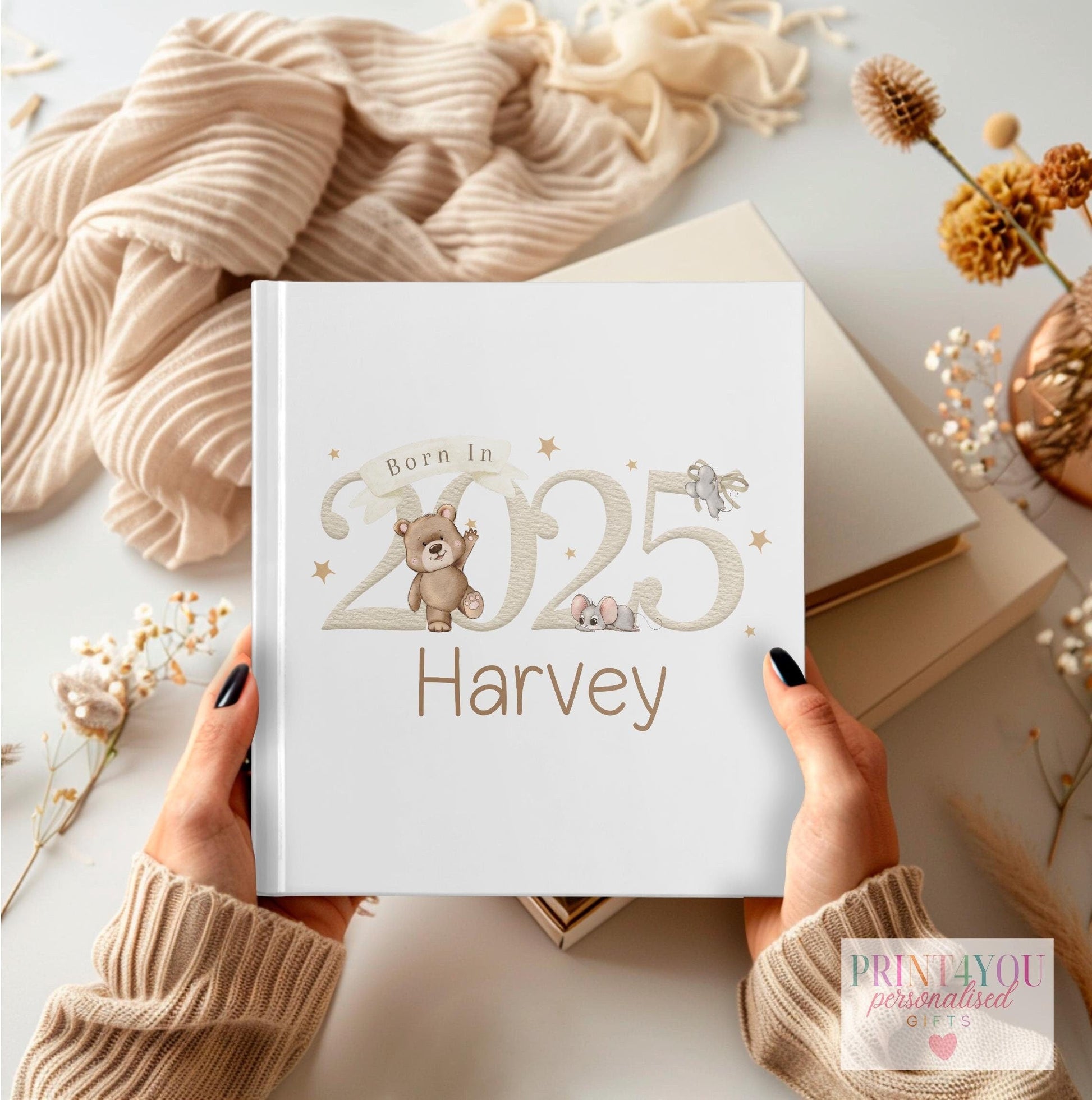 Personalised baby photo album with bear and mouse design and custom name on the cover, 22x22cm