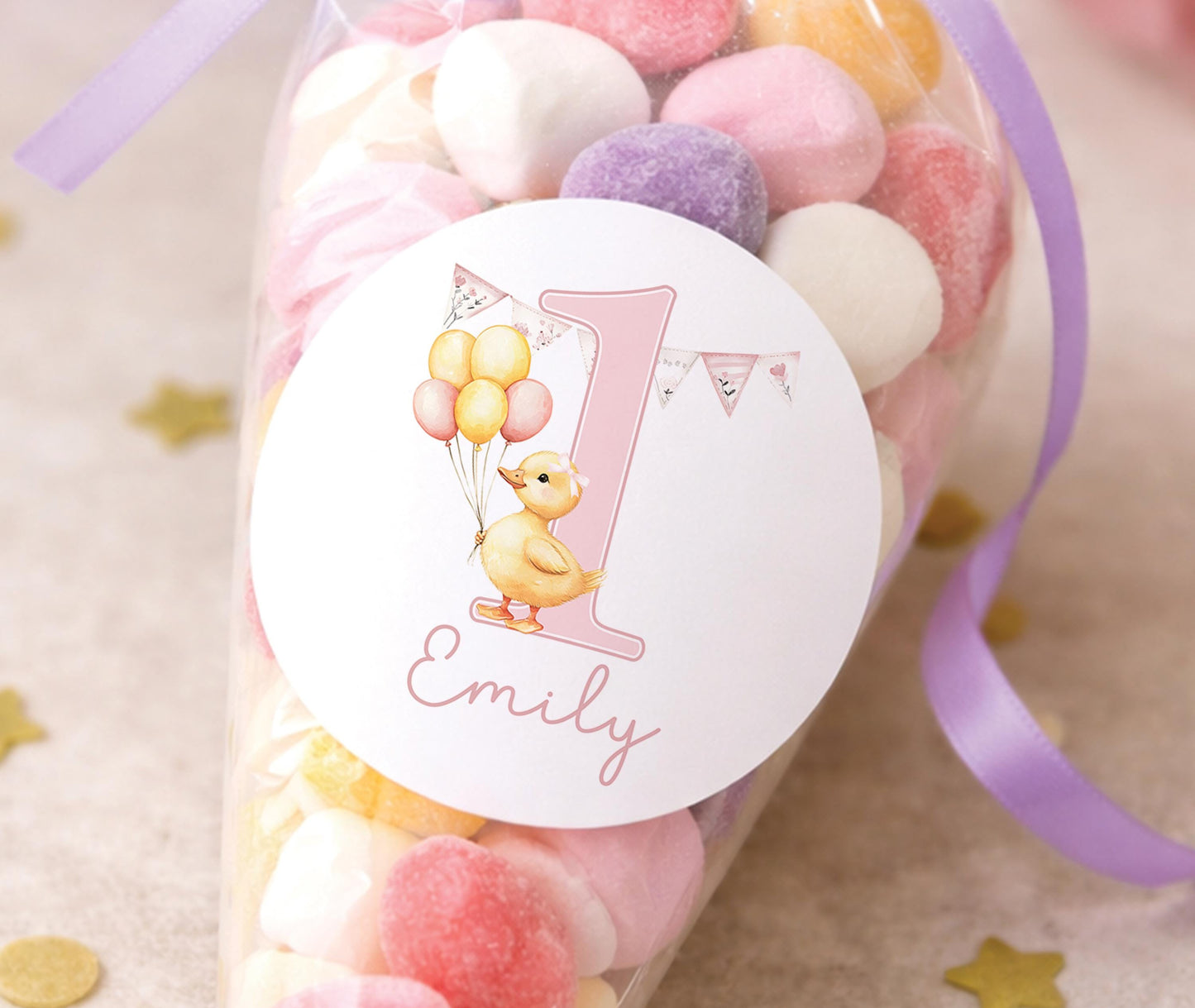 Personalised 1st birthday sticker featuring a cute duck design for a baby girl's first birthday