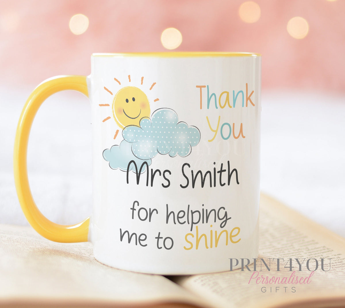 Personalised thank you mug in plain white, printed with sun and cloud artwork and the message helping me to shine