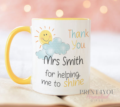 Personalised thank you mug in plain white, printed with sun and cloud artwork and the message helping me to shine
