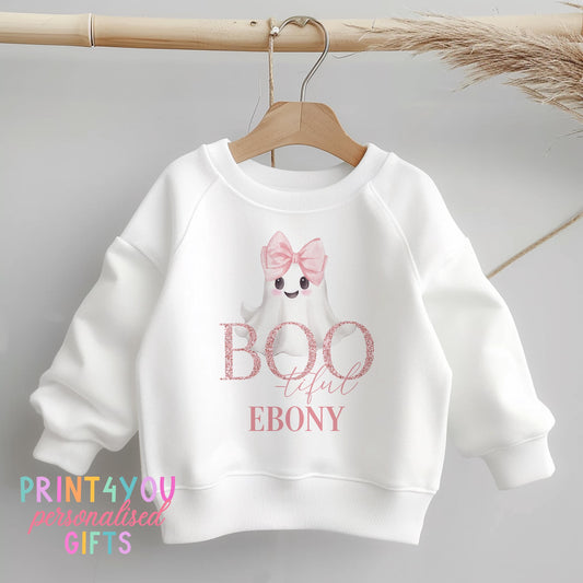 Personalised Halloween Jumper – Girls Soft White Sweatshirt With BOOtiful Ghost Design - 6-12 months