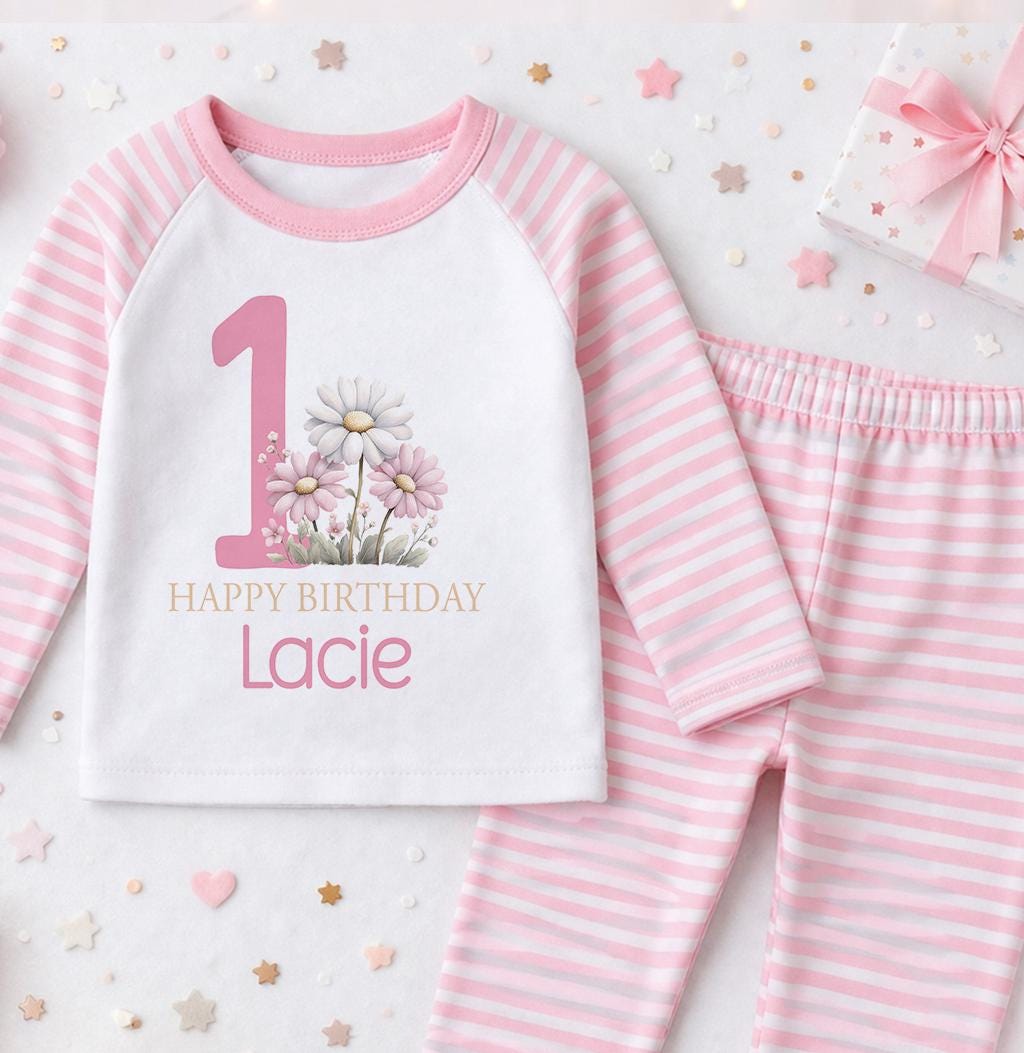 Personalised pink floral 1st birthday outfit with Happy Birthday name design, front view
