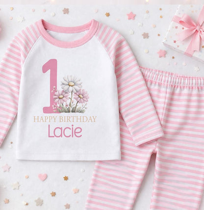 Personalised pink floral 1st birthday outfit with Happy Birthday name design, front view