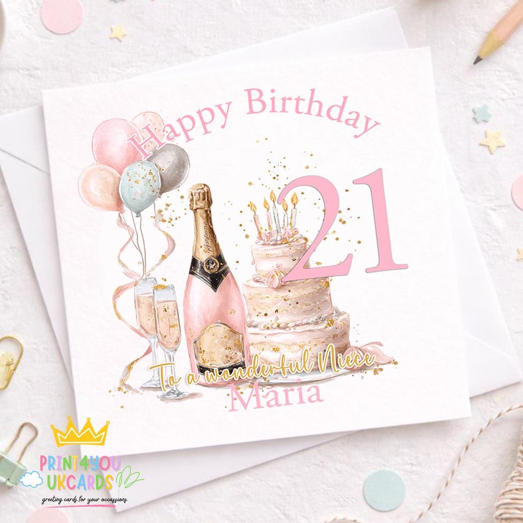 Personalised milestone birthday card with a pink champagne and cake design