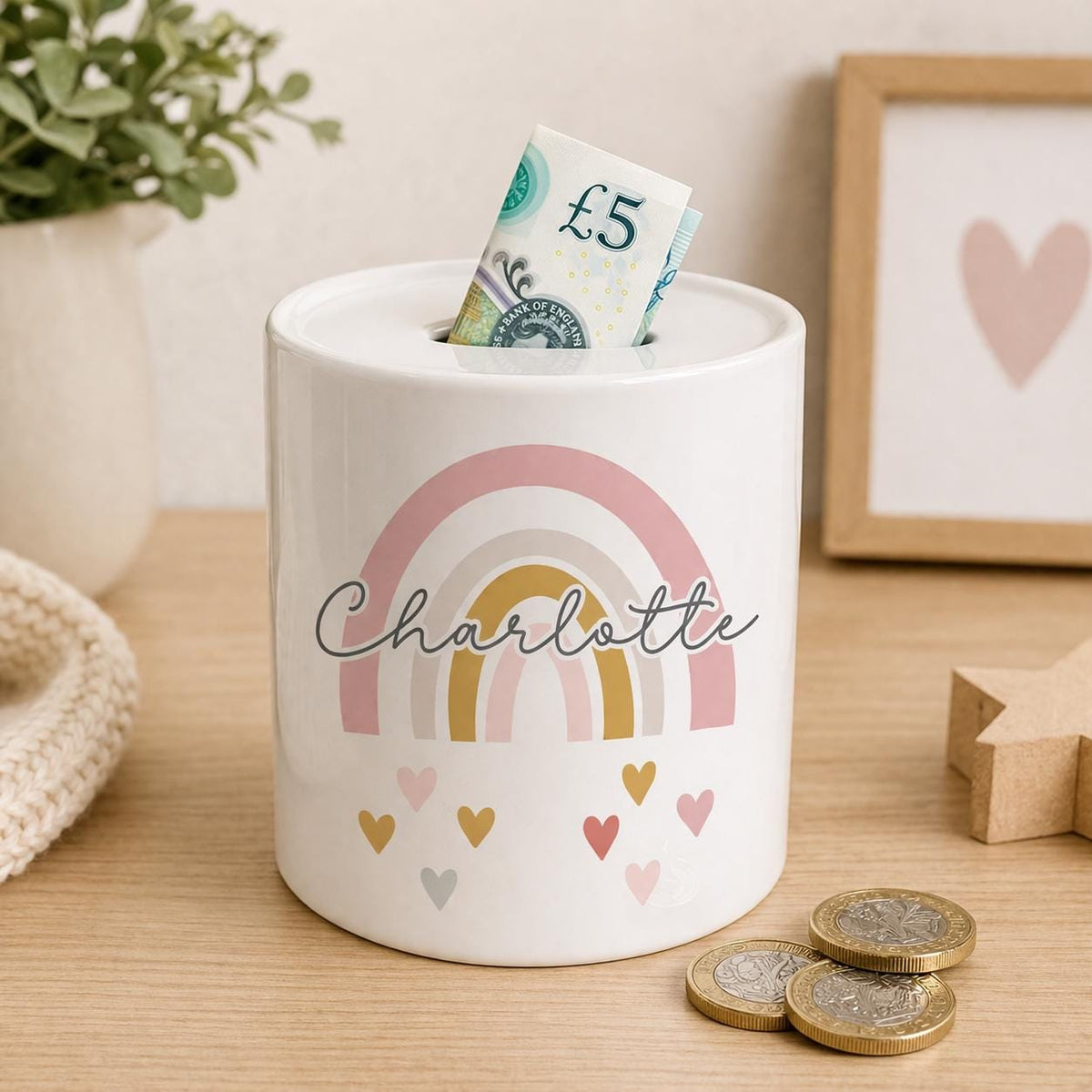 Personalised rainbow ceramic coin bank, piggy bank