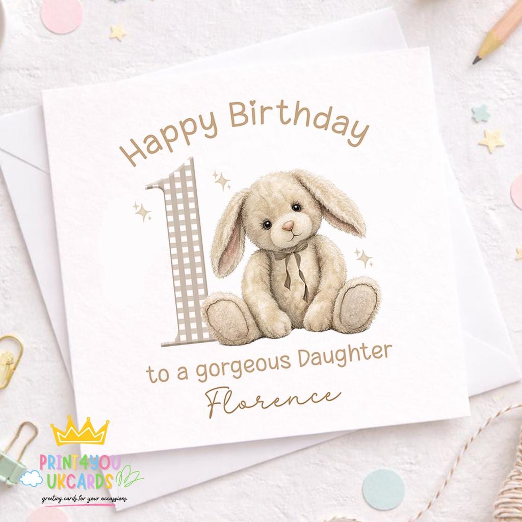 Front view of the beige bunny personalised birthday card with name and age on a plain background.