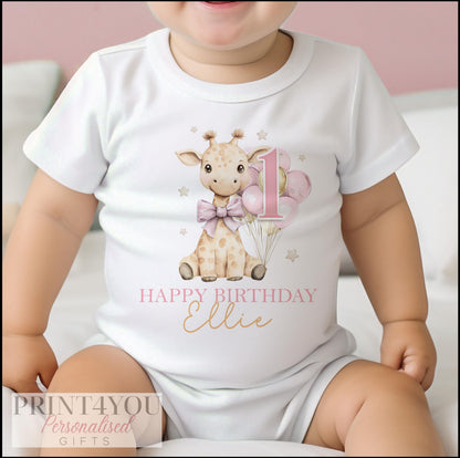 Personalised First Birthday Outfit – Giraffe Baby Birthday Clothes | Soft Cotton Sleepsuit & Vest
