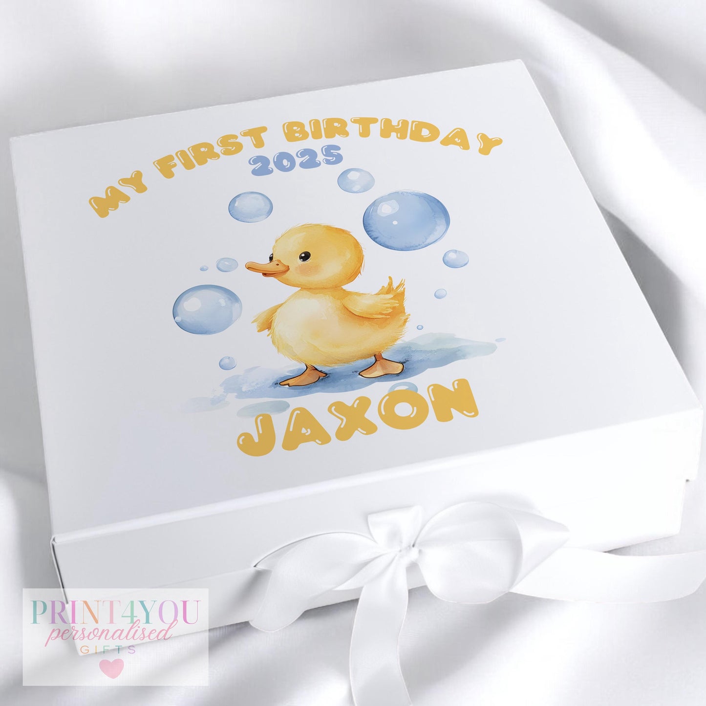Personalised Rubber Duck Keepsake Box with Ribbon Tie Perfect Birthday Gift for Boys or Girls - Medium
