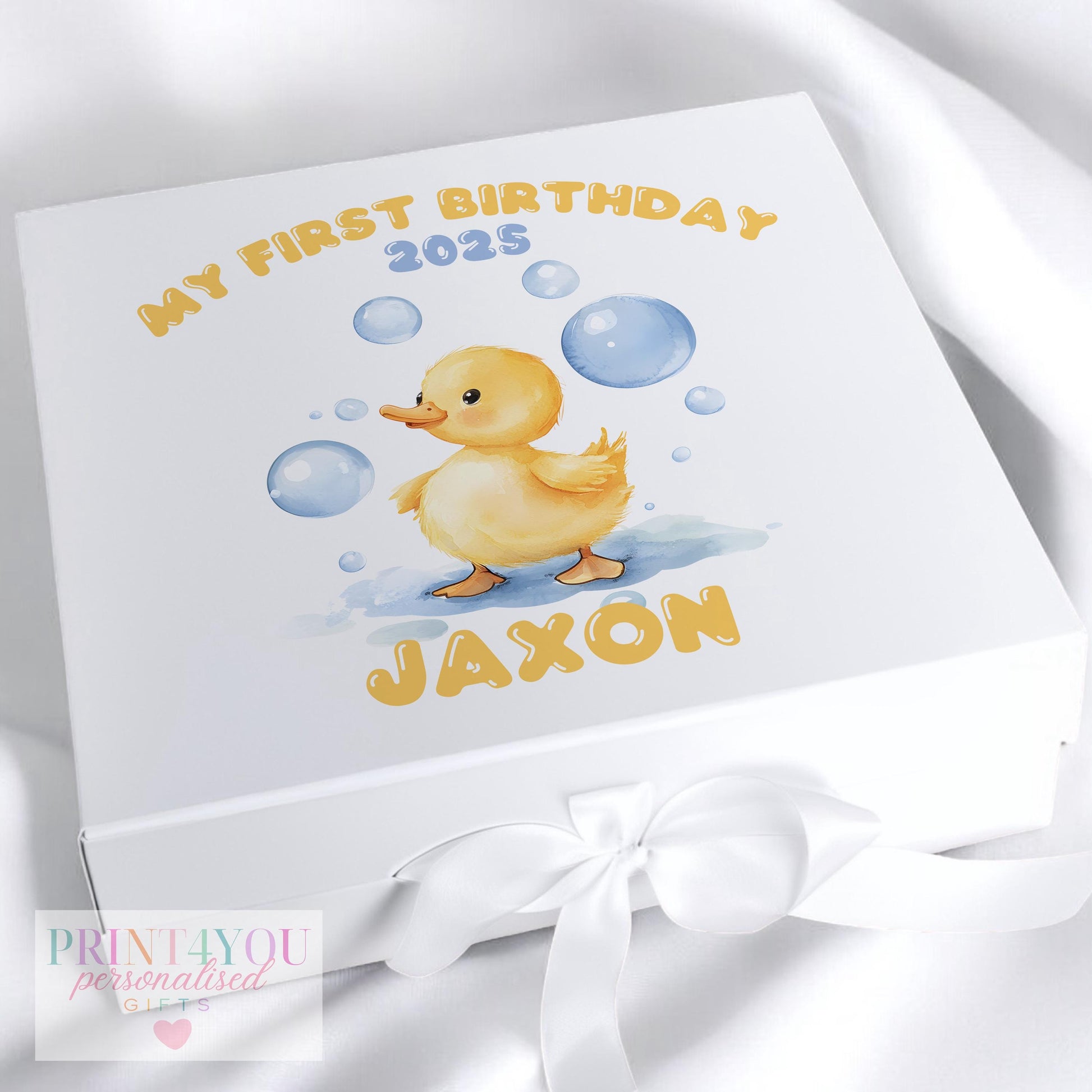Personalised Rubber Duck Keepsake Box with Ribbon Tie Perfect Birthday Gift for Boys or Girls - Medium