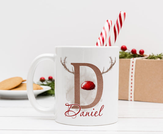 Reindeer Initial and Nose personalised White mug boys Christmas stocking filler gift - No thanks
