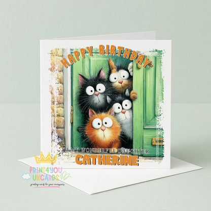 Square 6x6 inch luxury greeting card showing the funny personalised cat birthday card design
