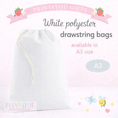 The image is an advertisement for white drawstring bags available in A3 size.