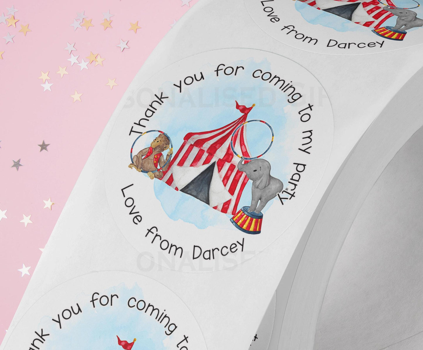 Personalised Circus Birthday Stickers – High – Quality Shiny White Gloss 5cm Stickers – Wedding Favors – Perfect for Party Bags - Strips (5cm each)