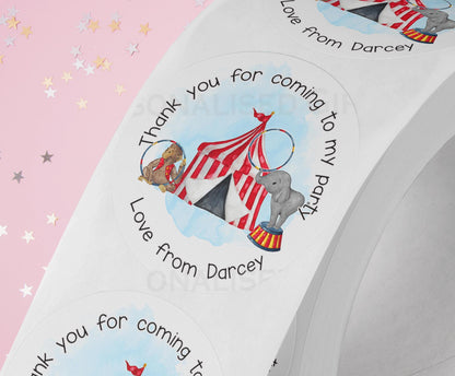 Personalised Circus Birthday Stickers – High – Quality Shiny White Gloss 5cm Stickers – Wedding Favors – Perfect for Party Bags - Strips (5cm each)