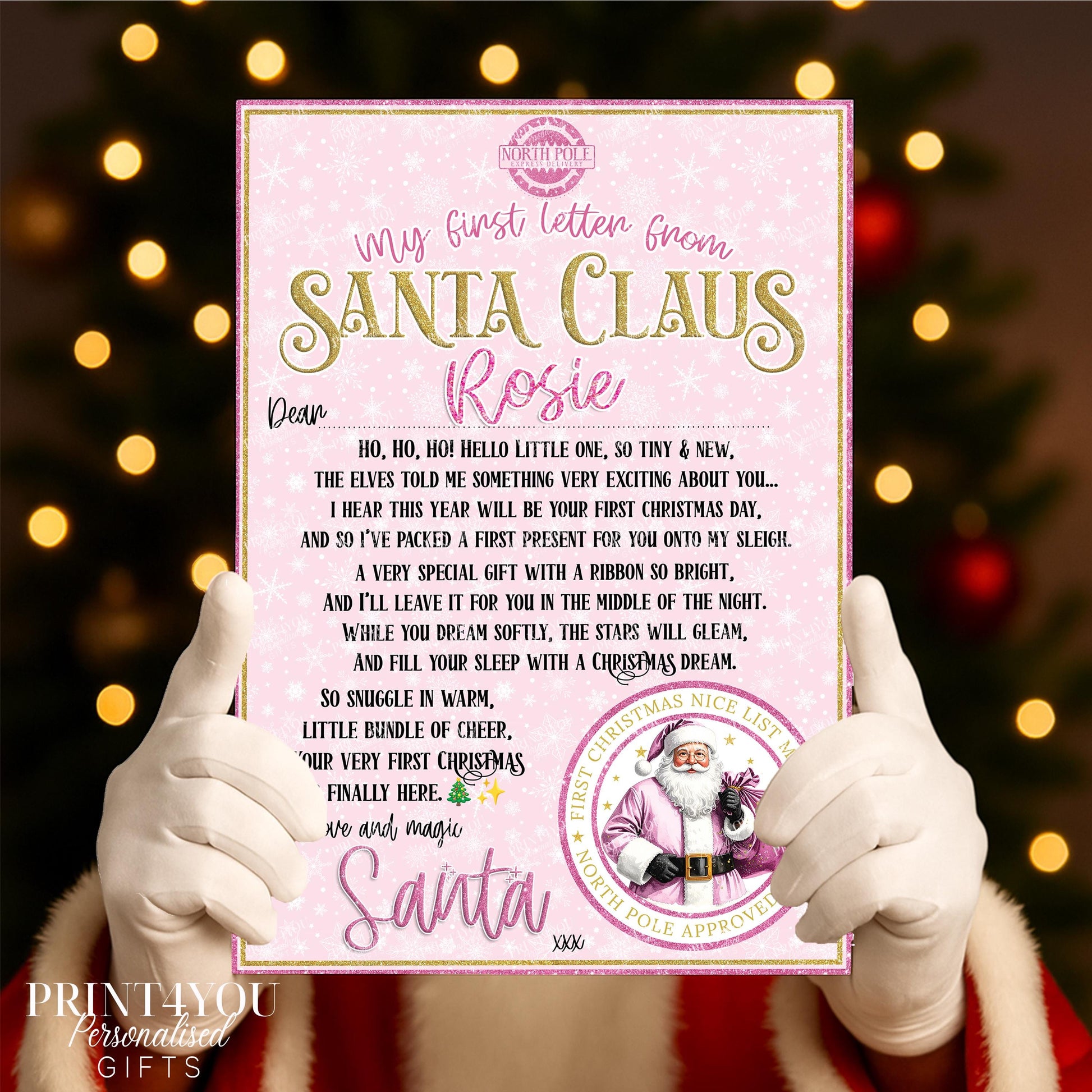 Personalised pink and gold Baby's First Christmas letter from Santa Claus on A4 gloss card, printed with the name Rosie