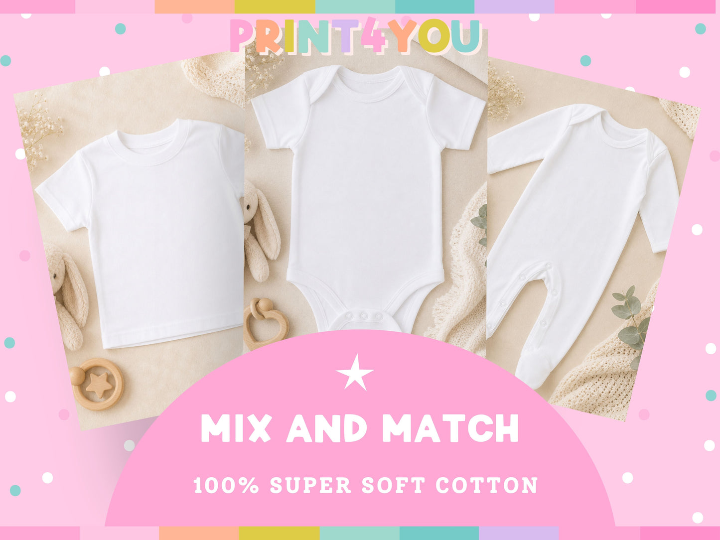 Collage of personalised white baby clothing and keepsake accessories, showcasing the mix-and-match range in soft 100% cotton.
