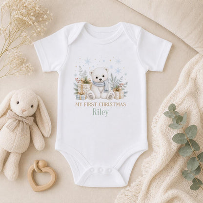 Personalised Baby Christmas Outfit, Polar Bear 2026 Sleepsuit, Bib
