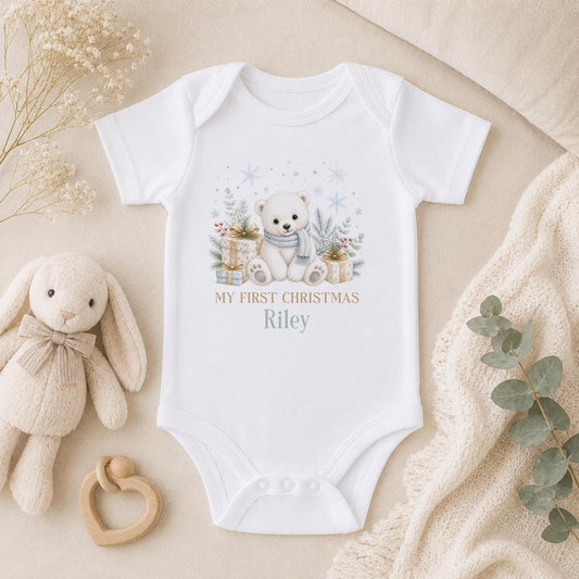 Personalised Baby Christmas Outfit, Polar Bear 2026 Sleepsuit, Bib
