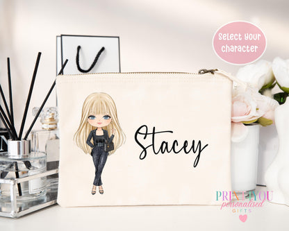 Personalised Character Makeup Bag, Girl 1 illustrated design, zip pouch printed with a custom name