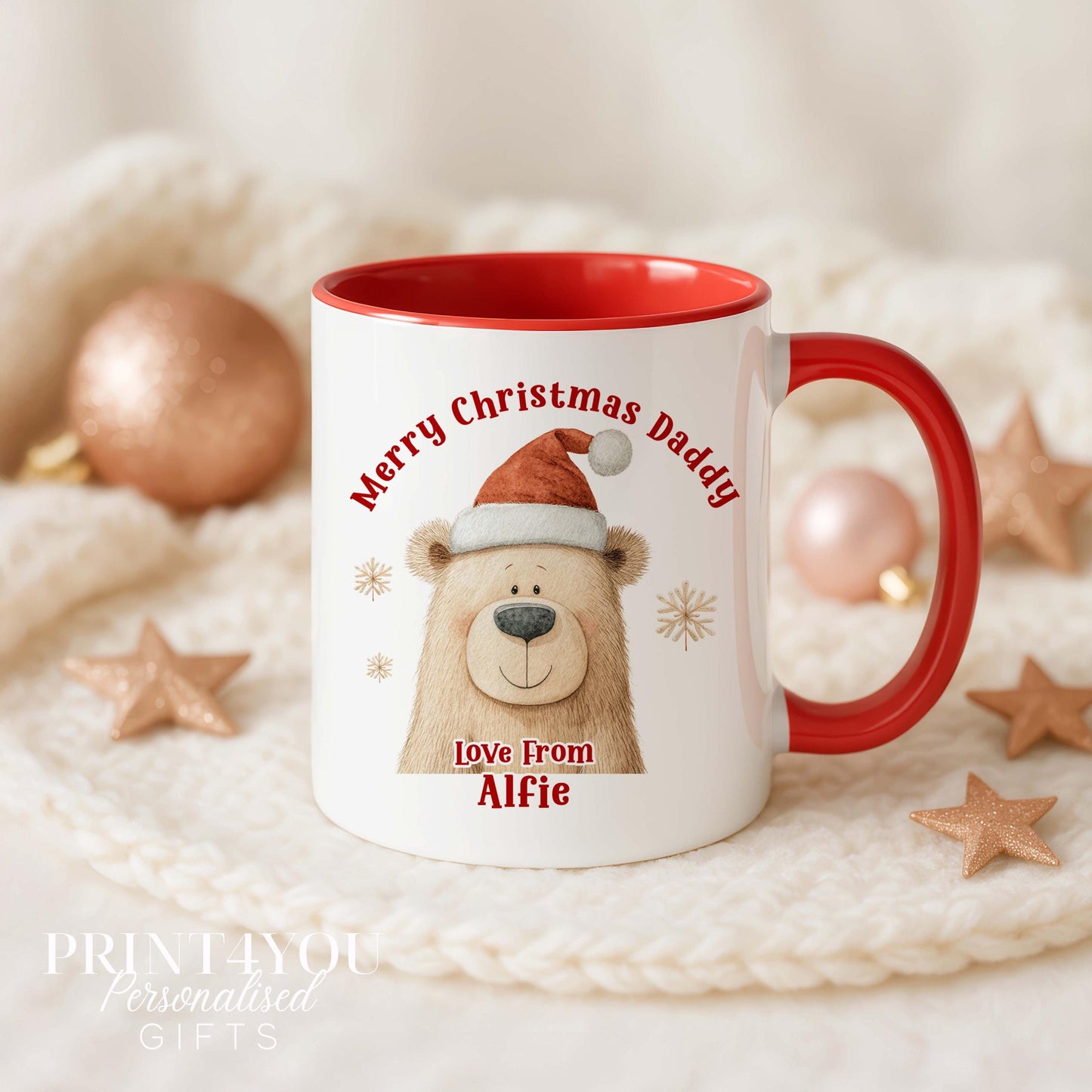 Personalised Christmas Mug - Bear in Santa Hat, Gift From Child