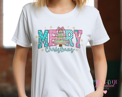 Baby wearing a personalised Christmas Tree design mummy and me t-shirt with 'Merry Christmas' slogan and custom name, 3-6 months