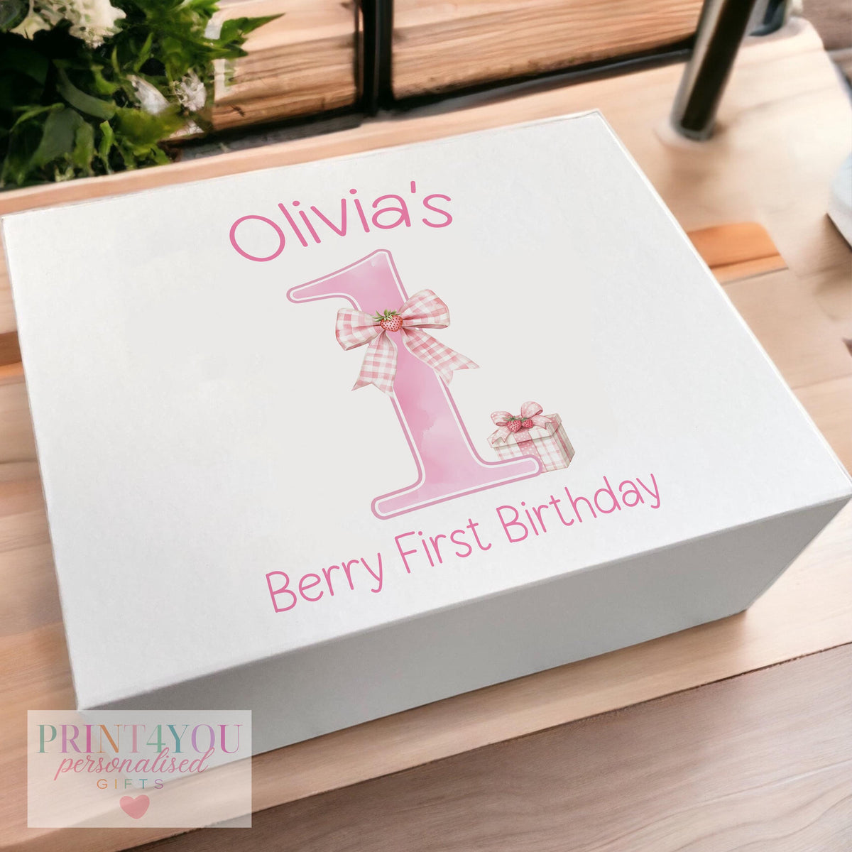 Personalised white baby keepsake box with strawberry design, medium size, magnetic closure