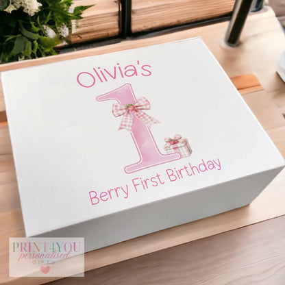 Personalised white baby keepsake box with strawberry design, medium size, magnetic closure