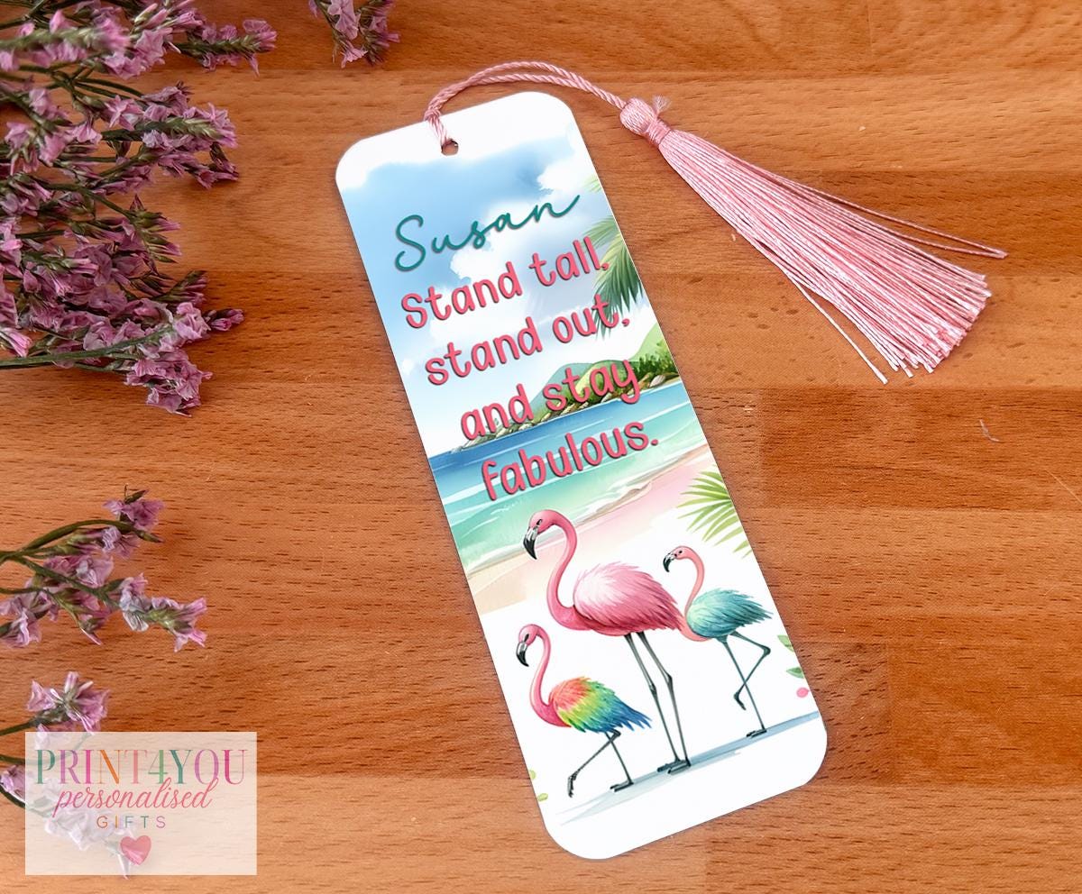 Personalised Flamingo aluminium bookmark with tassel, printed with a custom name