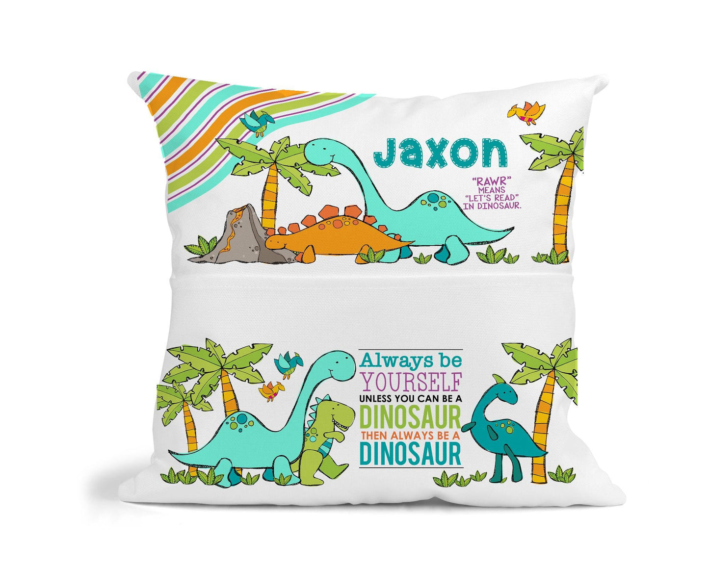 Close-up of personalised dinosaur cushion design showing child's name