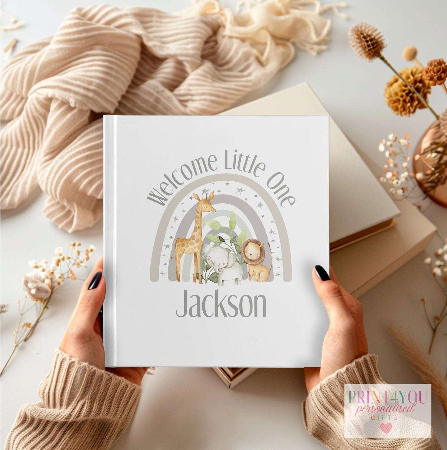 Personalised baby photo album with safari animal design and custom name on the cover, 22x22cm