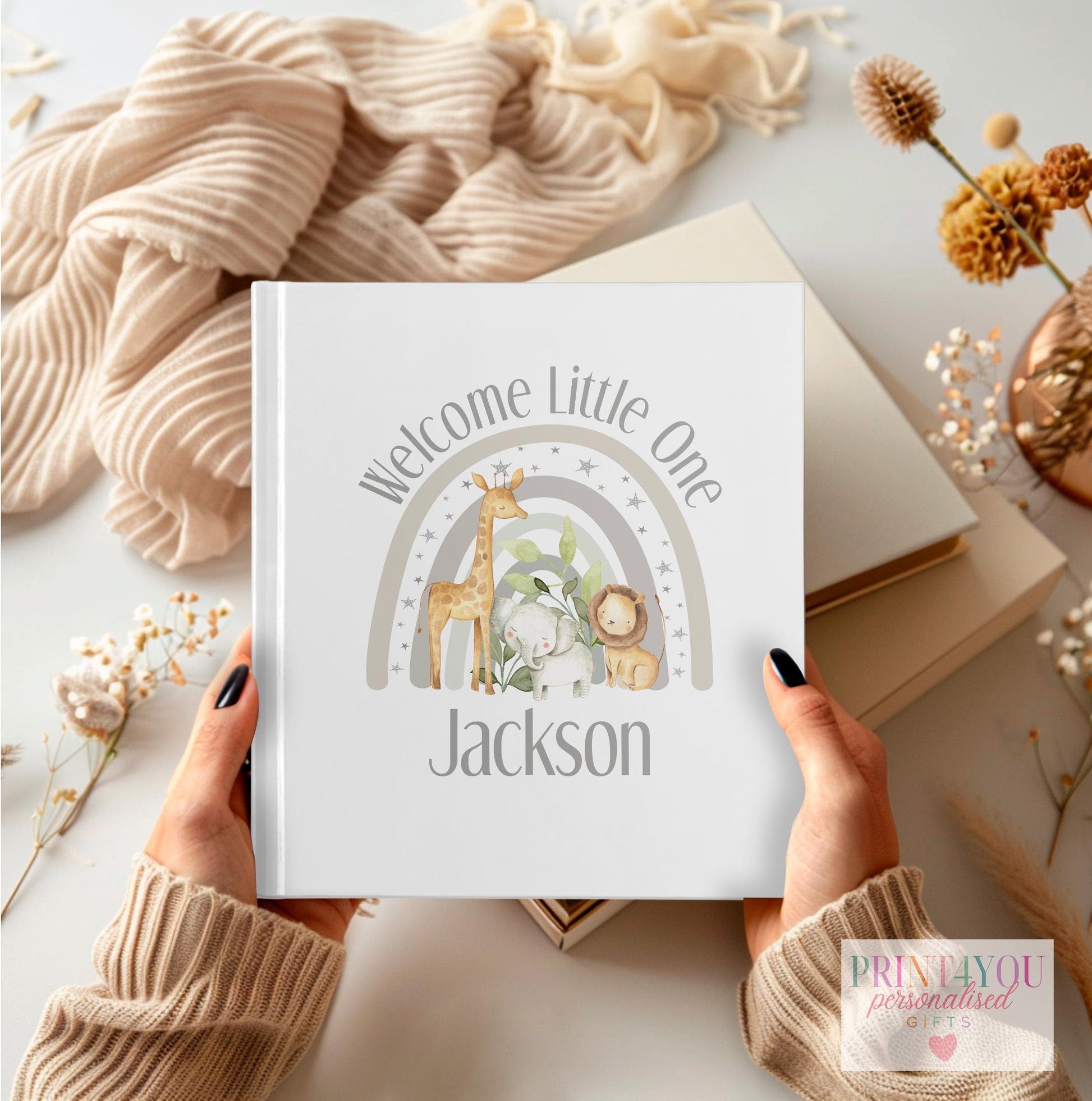 Personalised baby photo album with safari animal design and custom name on the cover, 22x22cm