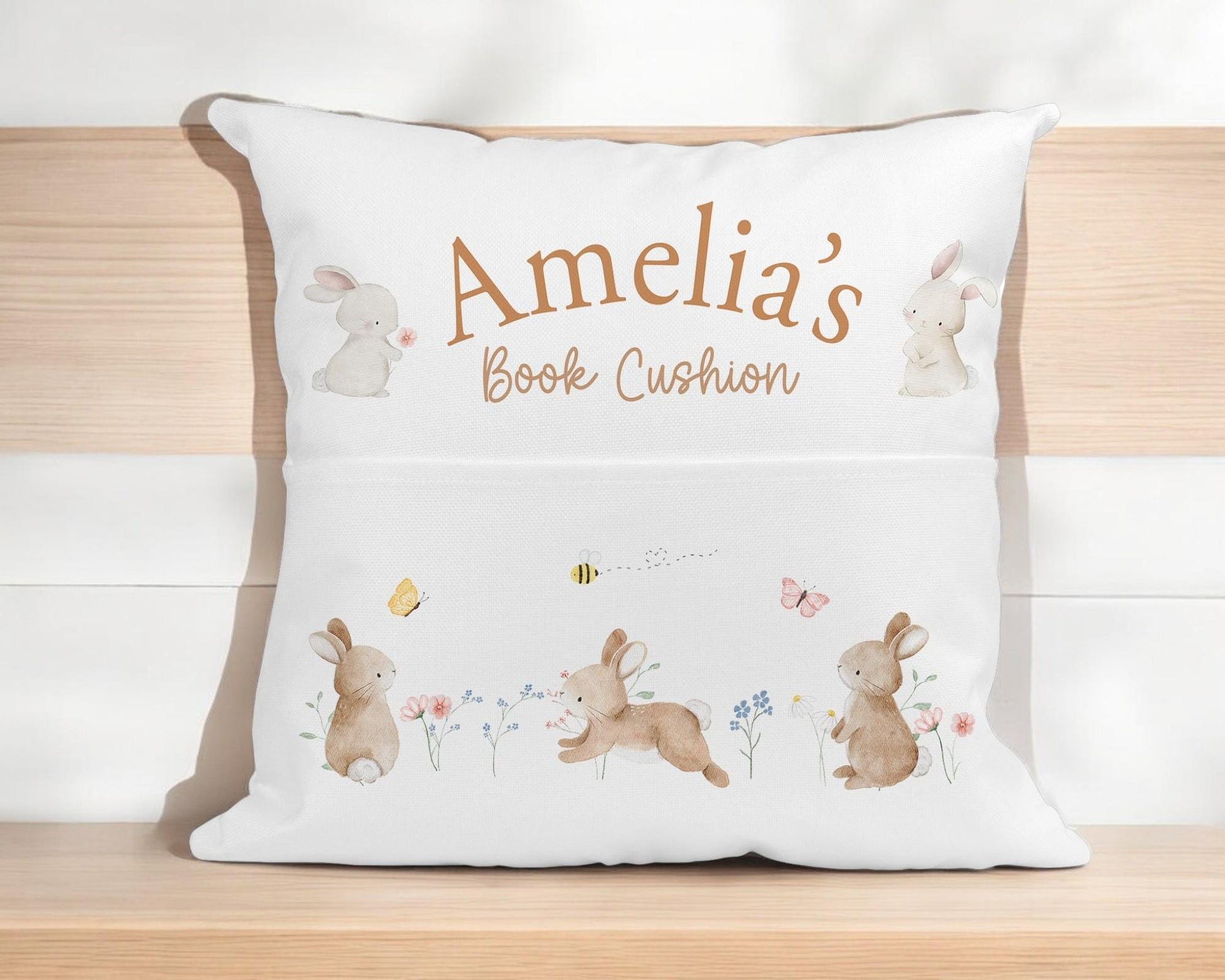 Personalised bunny book cushion bundled with a soft grey velveteen toy bunny
