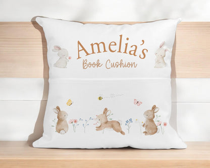 Personalised bunny book cushion bundled with a soft grey velveteen toy bunny