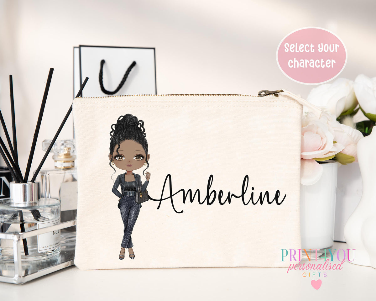 Off-white canvas makeup bag with a metal zip, printed with illustrated character design 1 and the personalised name Amberline