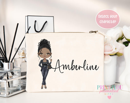 Off-white canvas makeup bag with a metal zip, printed with illustrated character design 1 and the personalised name Amberline