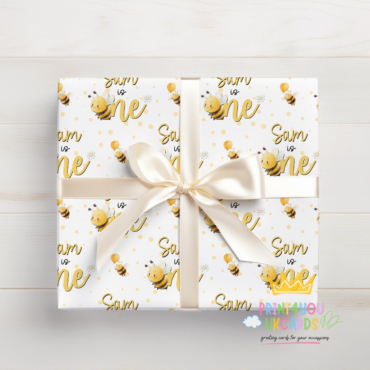 Personalised Bee Wrapping Paper, 1st Birthday, Custom Name, A3-A1