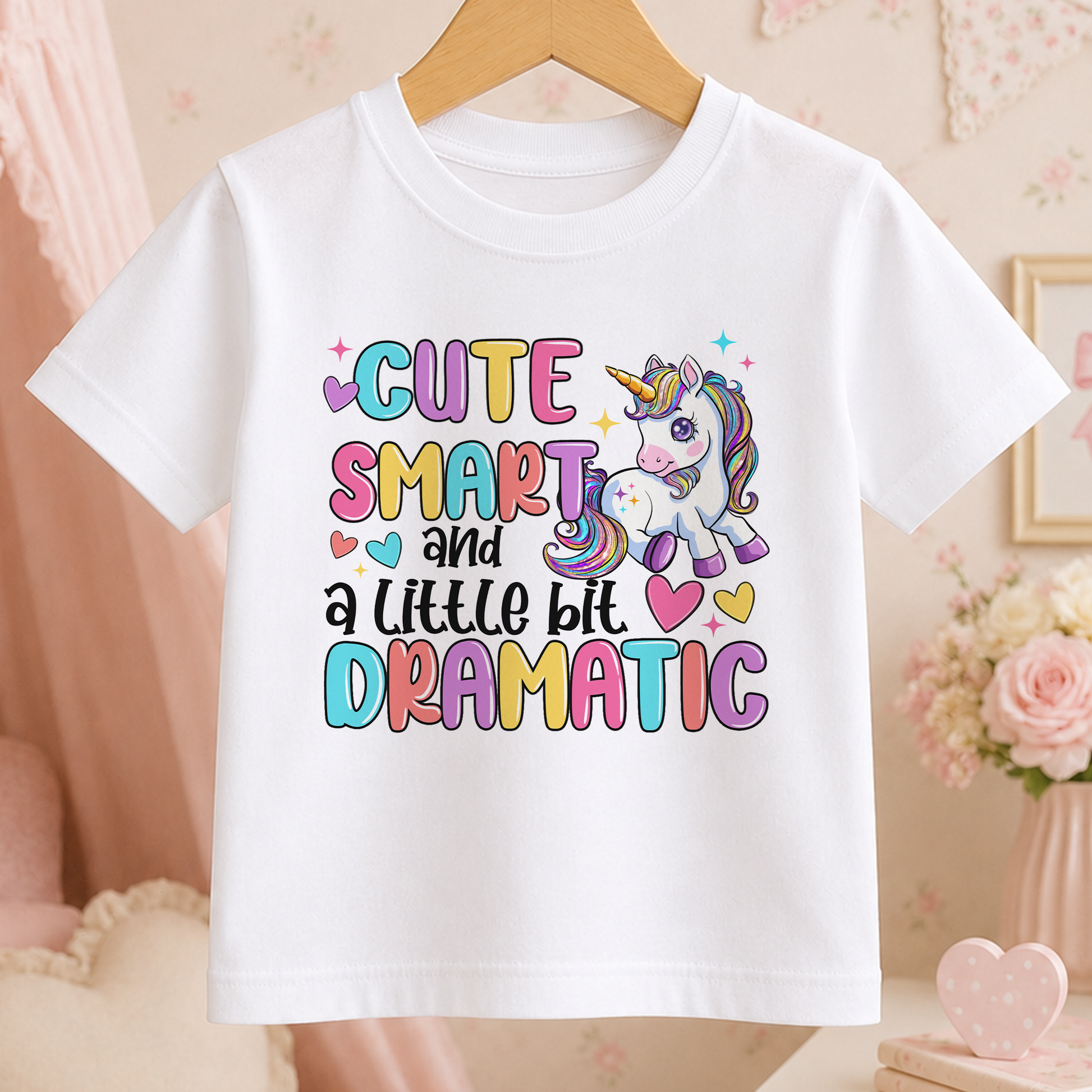 A white t-shirt with a colorful graphic design featuring a unicorn and the text "Cute Smart and a Little Bit Dramatic".