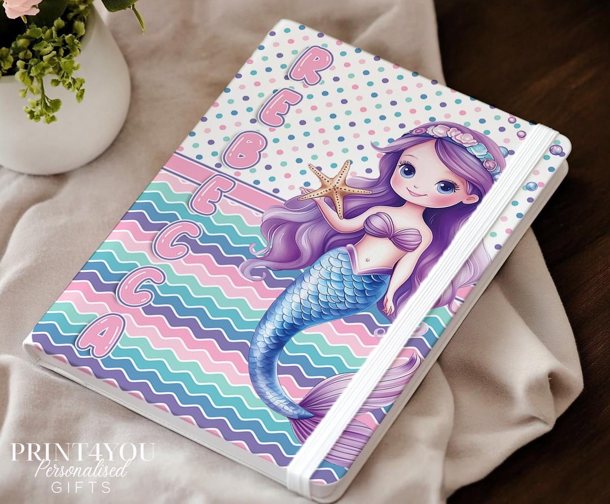 Personalised mermaid notebook, A5 hardback with pastel mermaid design and custom name