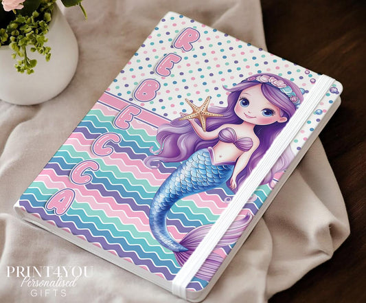 Personalised mermaid notebook, A5 hardback with pastel mermaid design and custom name