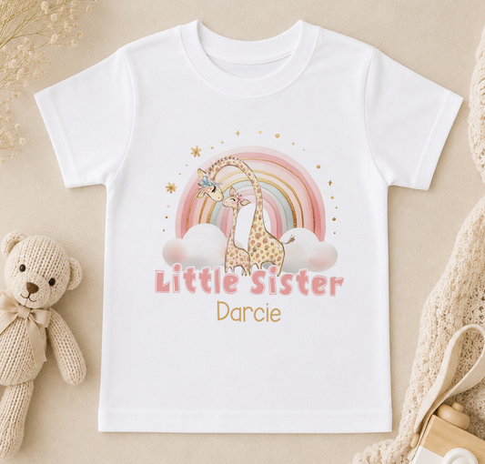 A white t-shirt with a giraffe and a rainbow graphic, along with the text "Little Sister" and "Darcie" printed on it.