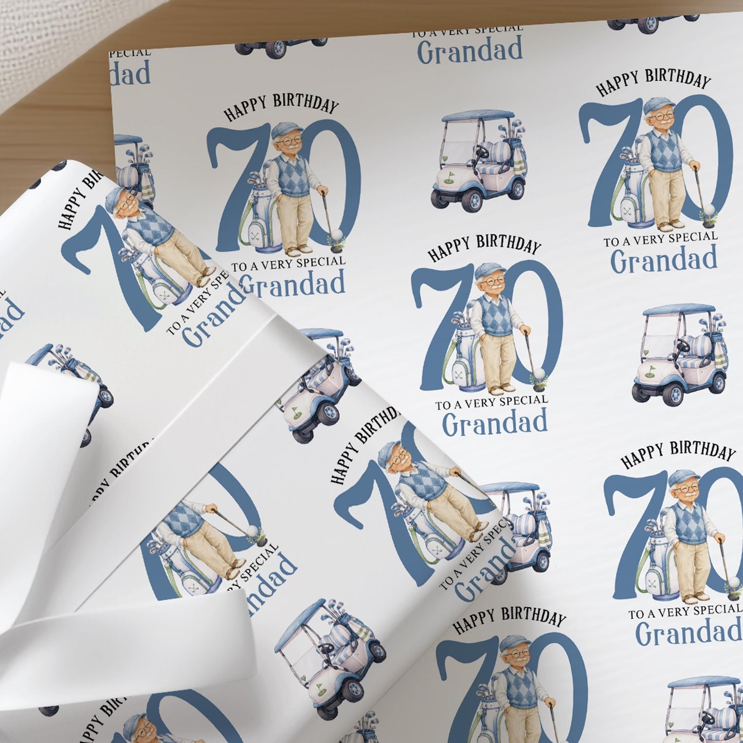 Personalised golf wrapping paper featuring a gentleman golfer and a blue golf buggy, with custom age printed across the sheet.