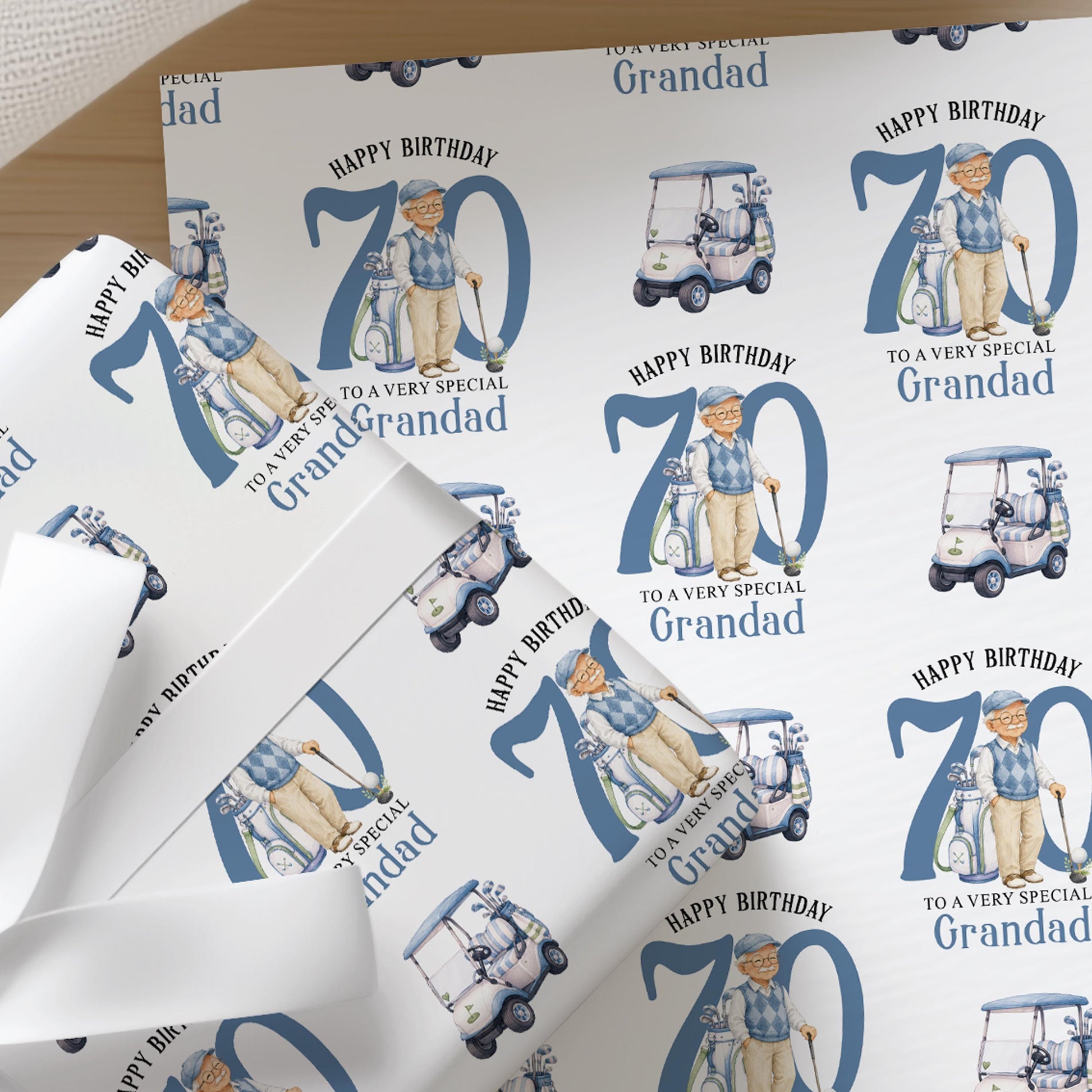 Personalised golf wrapping paper featuring a gentleman golfer and a blue golf buggy, with custom age printed across the sheet.