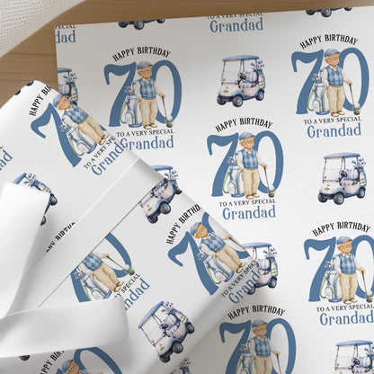 Personalised golf wrapping paper featuring a gentleman golfer and a blue golf buggy, with custom age printed across the sheet.