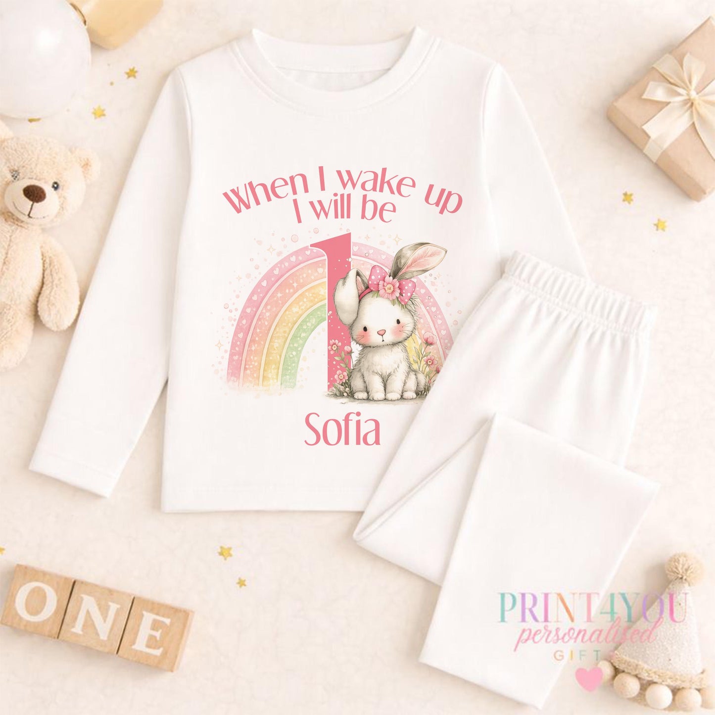 Girl 1st Birthday Outfit – Personalised Rainbow Bunny Shirt For Baby Girl