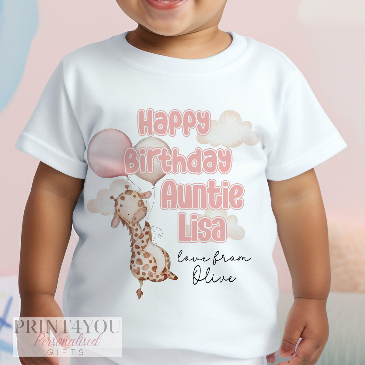 Personalised birthday t-shirt showing custom name print detail