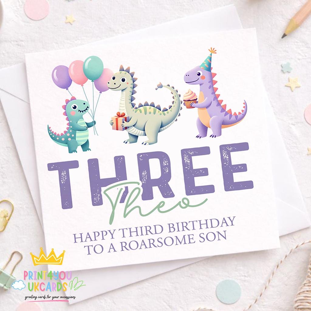 Square third birthday greeting card shown at an angle to display the dinosaur design and card stock.